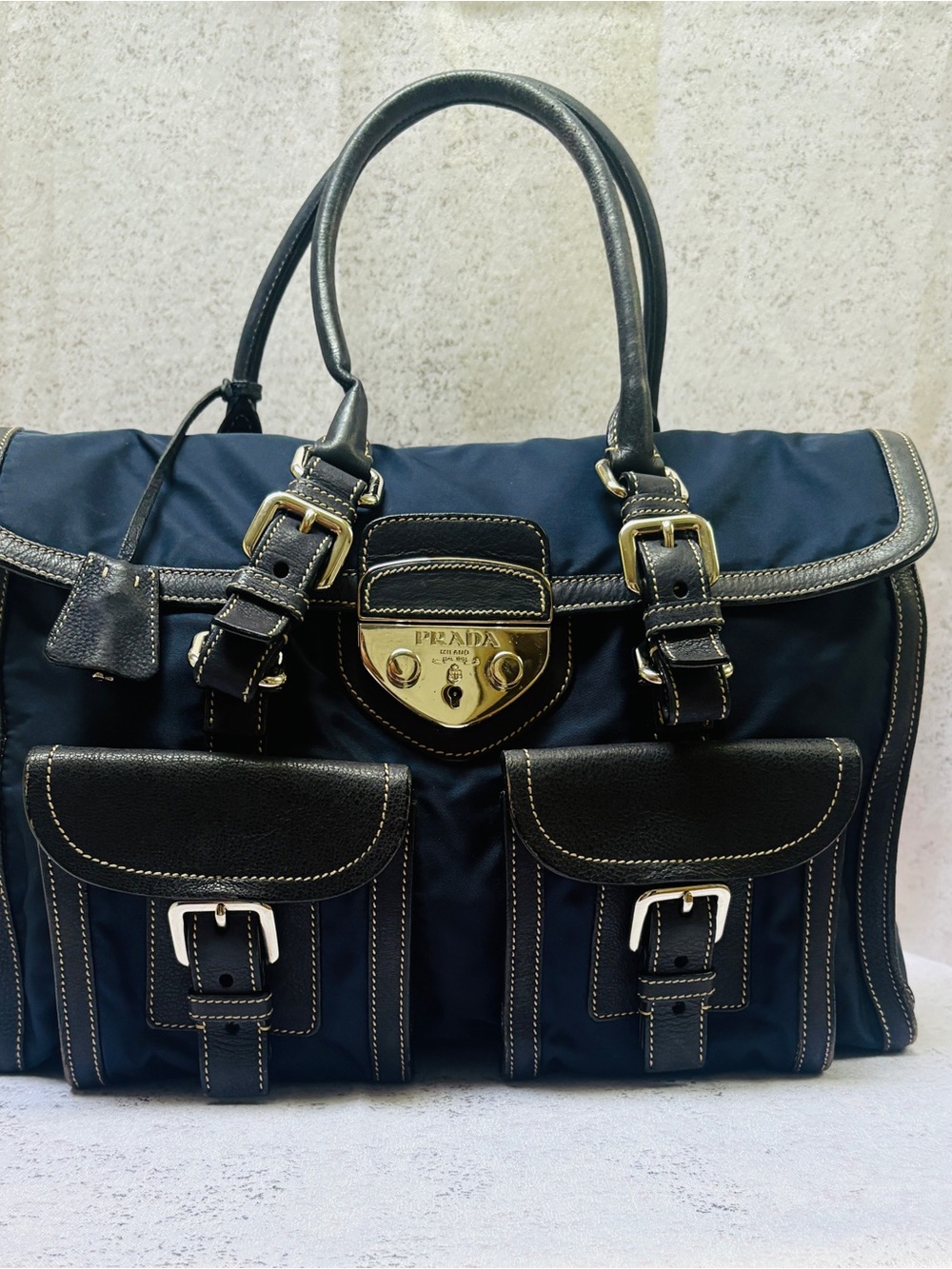 Prada Navy Nylon and Black Leather Double-Pocket Satchel with silver Hardware - Picture 1 of 15